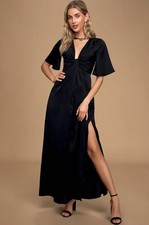 NWT Lulus Maxi Dress Women’s Med Black Satin Twist Front Side Slit Formal Sexy