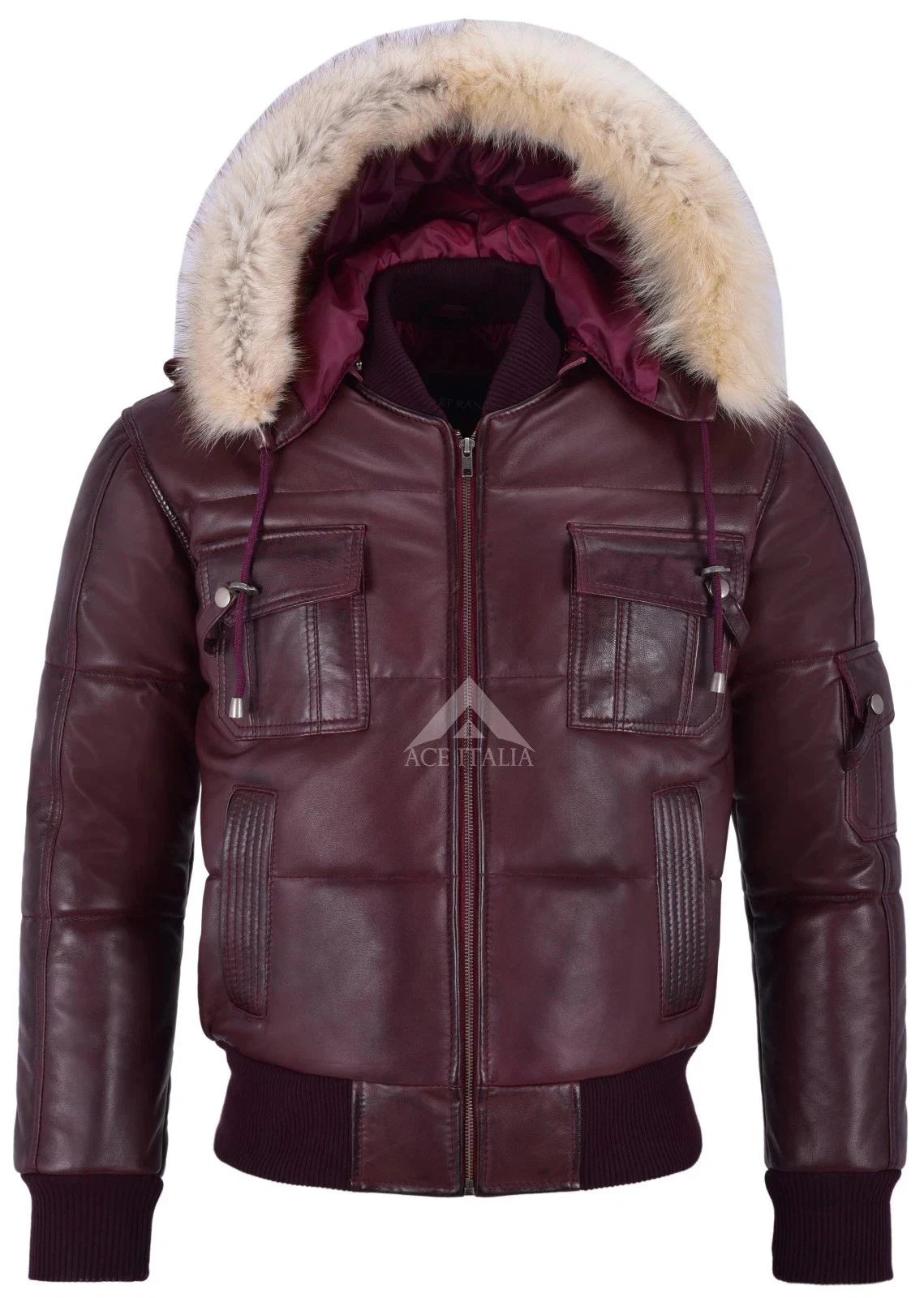 Men's Puffers Hooded Bomber Jacket Cherry Real Lambskin Leather Pilot 6 Puffer