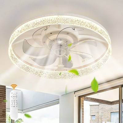 LETRY 13in LED Flush Mount Ceiling Fan Light with Remote Control Dimmable White
