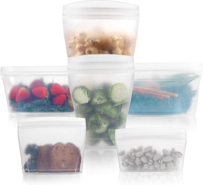 Reusable food container silicone bag, Full Set 6, 2 Cups, 2 Dishes, 2 Bags Zip