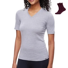 Merino Wool T-Shirt Women V-Neck Athletic Base Layer + Wool Socks, Long Sleeve