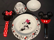 Disney Minnie Mouse Dinnerware Set Plate Bowl Spoon Fork w/ Minnie/Mickey Rests