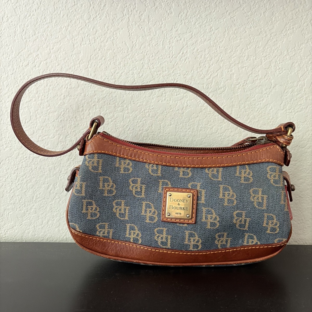 Vintage y2k Dooney & Bourke denim baguette shoulder bag with brown 