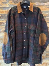 Woolrich Wool Shacket Shirt Large Plaid Suede Elbows  Collar USA 70  s 80  s
