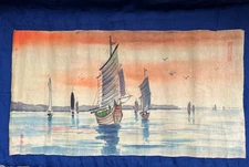 Vintage original art oil on canvas, Chinese Junk boat, Sunset