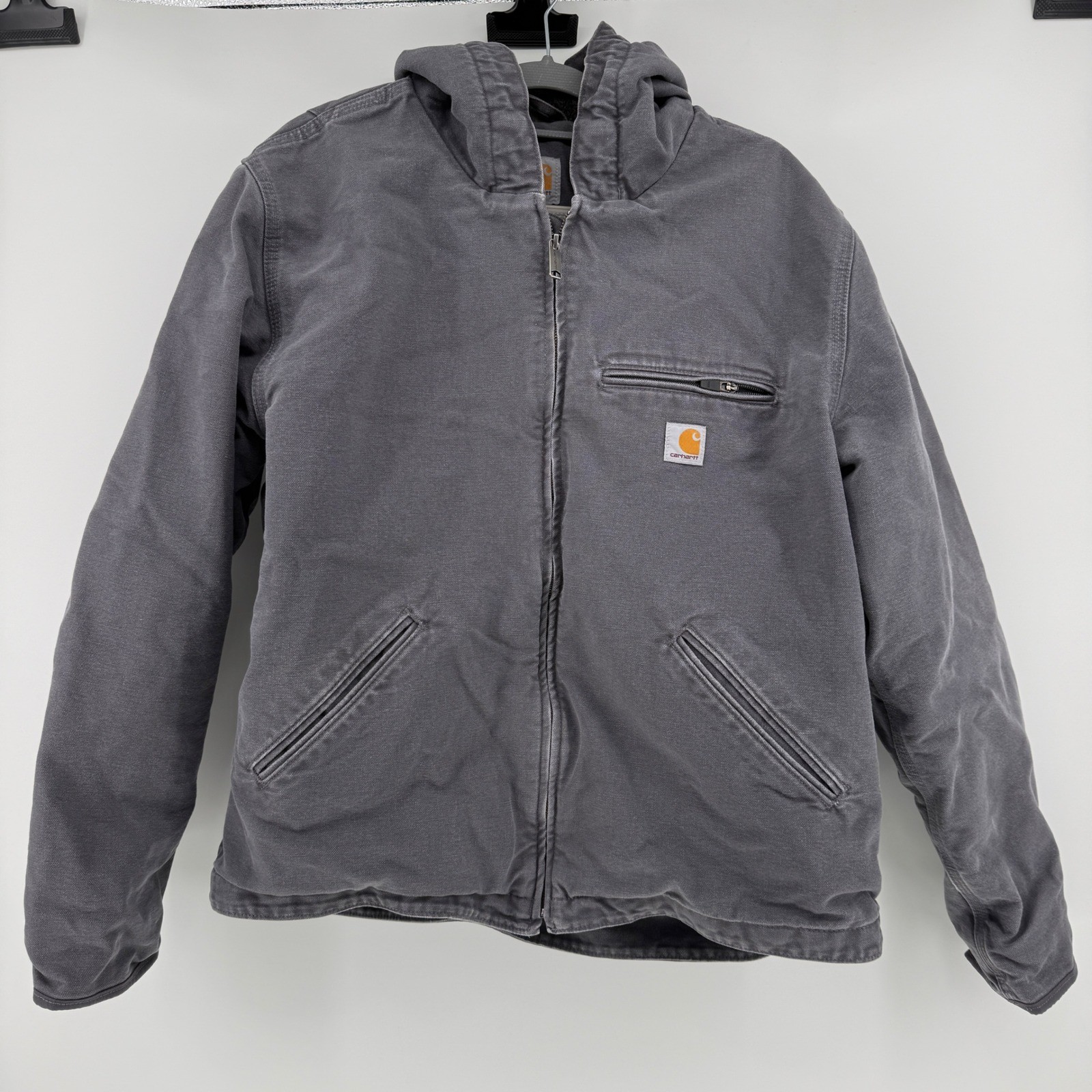 Carhartt Mens Grey Washed Duck Sierra Jacket Hooded Sherpa Lined Canvas