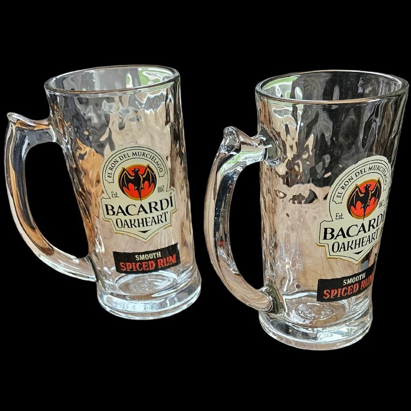 Bacardi Oakheart Spiced Rum Beer Mugs Glass Set of 2 Heavy Bar Glasses 6" 14 Oz