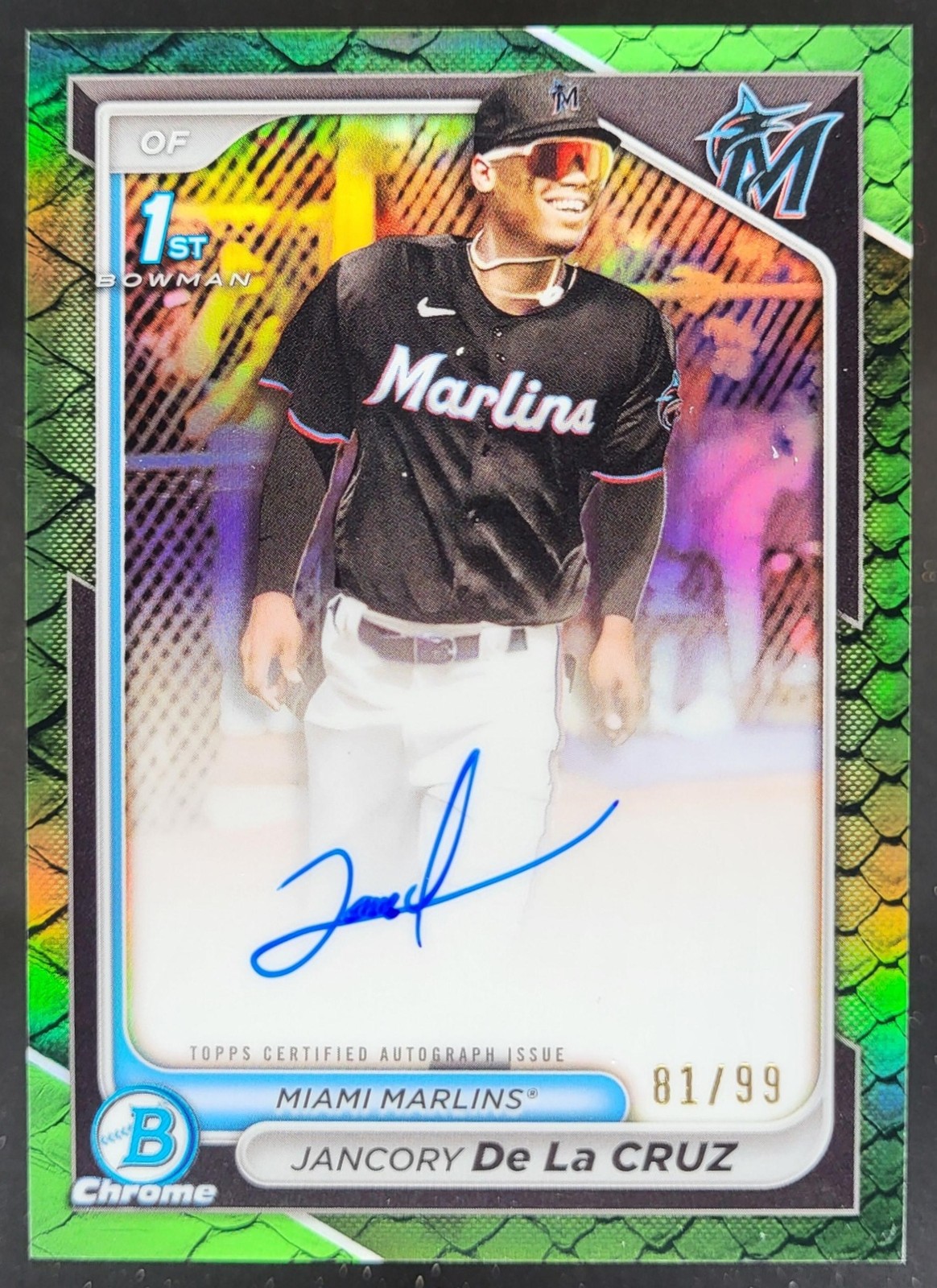 2024 Bowman Chrome Jancory De La Cruz Auto Reptilian Green /99 1st Marlins HD2