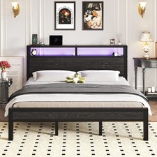 Queen/King Size LED Light Bed Frame with 2-Tier Storage Headboard and Charging.