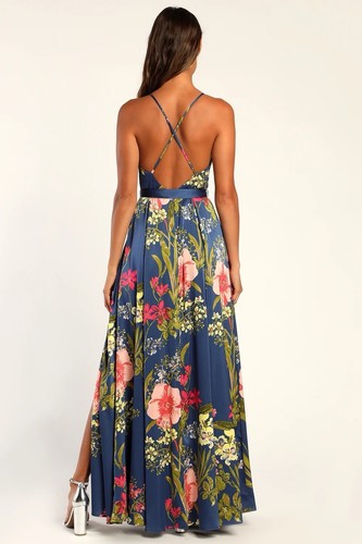Lulus Still the One Blue Floral Print Satin Maxi Dress Size M New - Picture 3 of 5