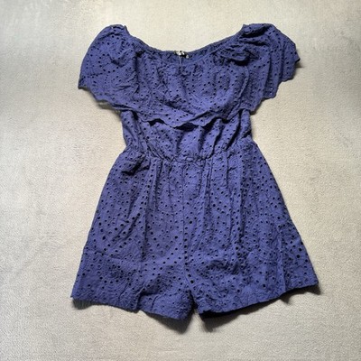 Prettygarden Womens Large Romper Blue Eyelet Off Shoulder Ruffle Boho Lined NWT