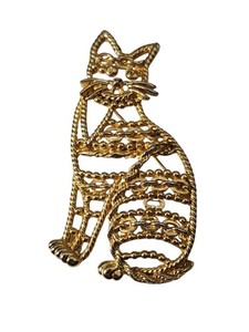 Vintage Signed AJC Gold Tone Chain Whiskers Cute Cat Kitty Brooch Pin