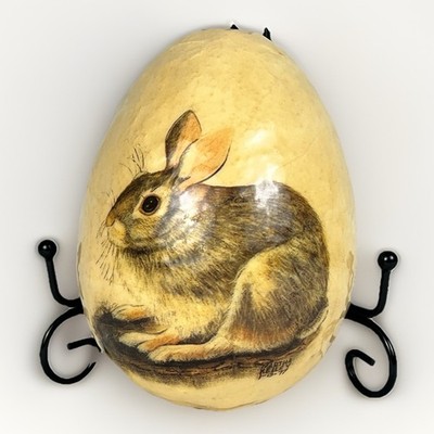 Vintage Hand Painted Bunny Rabbit Papier Mache Egg Signed 1977 Easter