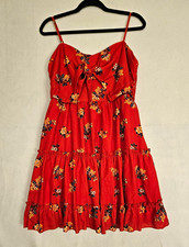 Women’s XL Red Floral smocked sundress ruffle accents sweetheart strappy