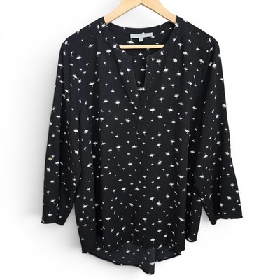 Daniel Rainn Top Womens XL Black Dandelion Print V Neck 3/4 Sleeve Blouse