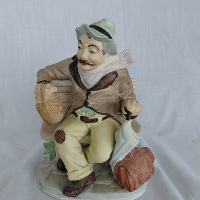 Vintage PORCELAIN BISQUE Figurine by ARPO, ROMANIA 1970'S Hobo,  Jug, Umbrella