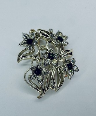Rare Vintage Kramer Floral Flower Green Clear Rhinestone Silver MCM Brooch Pin