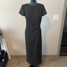 90s JBS Polka Dot Cinched Waist Pleated Maxi Dress Old Money Classic Minimalist 