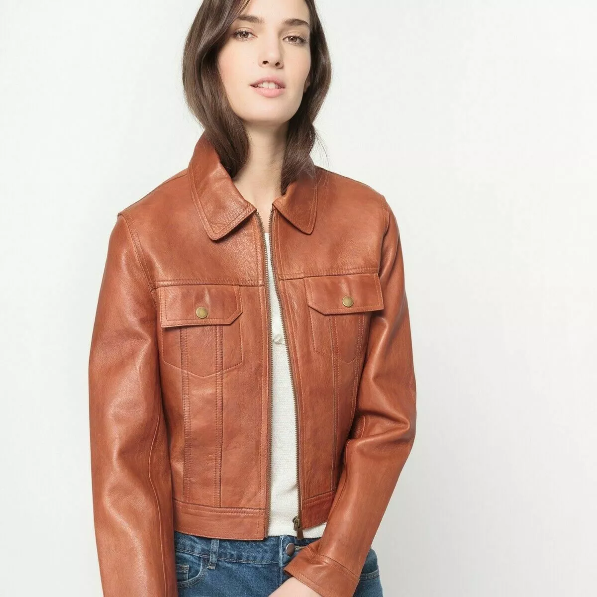 Leather trucker top jacket women