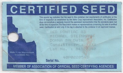 POTATO 2006/2～2007/5 Idaho Certified Seed Potatoes (Red Pontiac) Tag (52104) | eBay