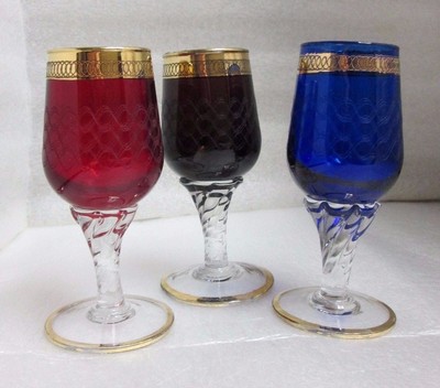 Vtg 3 Venetian Harlequin SHERRY Glass Needle Engraved Ruby Cobalt Amethyst Gold