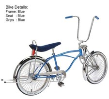 20" VINTAGE LOWRIDER BLUE BICYCLE W/ 72 SPOKE CHROME SHINY RIMS & BENT FORK.