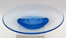 Hand Blown Blue Art Glass Console Bowl Thick Base