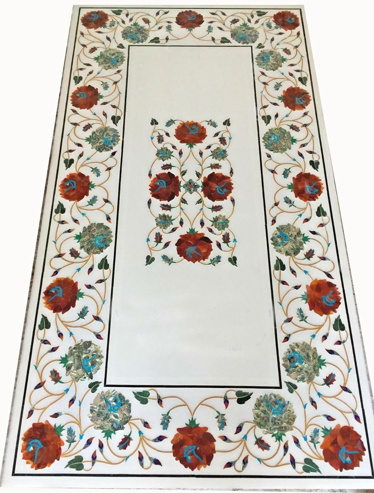 48-Inch Floral Marble Coffee Table Top with Semi-Precious Stone Inlay
