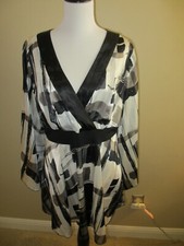 LANE BRYANT SILKY BLACK WHITE GREY SHEER TOP, TIE IN BACK, WITH DEFECTS 14/16 NW