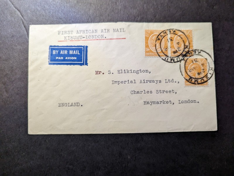 1931 British KUT Airmail FFC Cover Kisumu Kenya to Haymarket London England