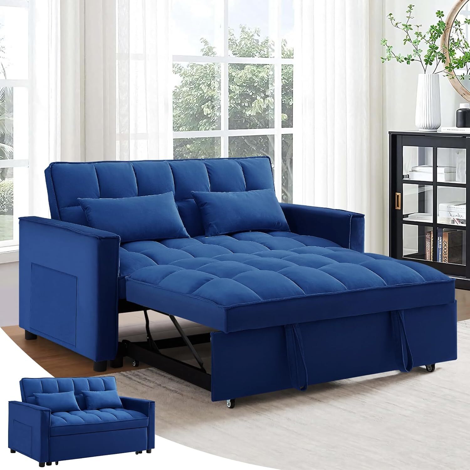 Sofa Bed Couch Sleeper Loveseat Convertible Pull-Out Bed Couch With Side Pockets