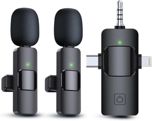 Microphones Lavalier sans fil 3 en 1 K15 pour iPhone, iPad, Android, appareil photo - Photo 1 sur 8