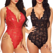 Womens Lace Bodysuit One Piece Babydoll Backless Teddy V Neck Lingerie Underwear