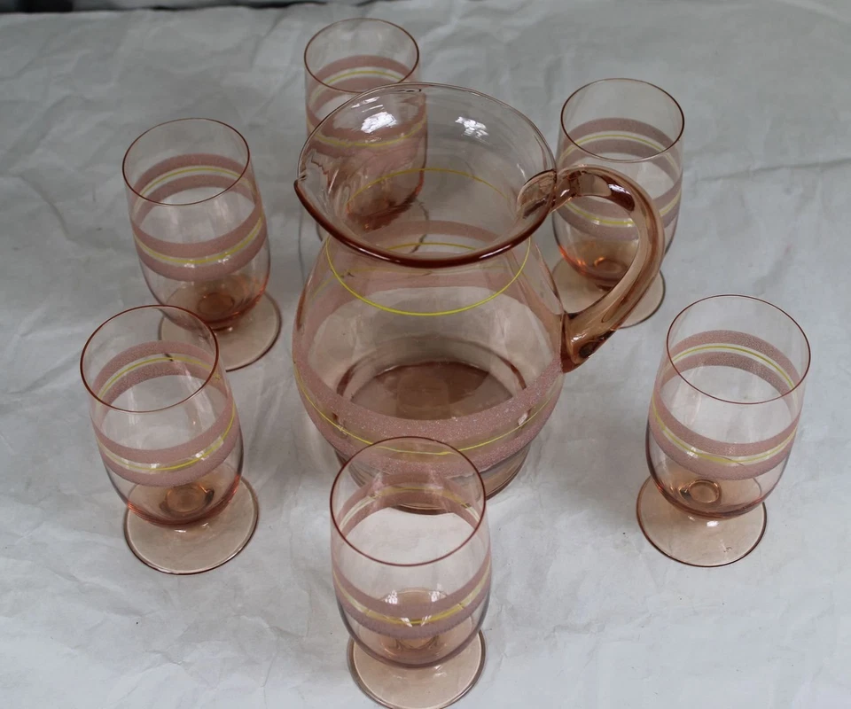 B7/ altes 7 tlg. Saftservice aus Glas - Karaffe mit 6 passenden Saft Gläsern /H - Bild 1 von 4
