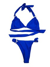 Blue Triangle Bikini Set With Adjustable Halter Neck Side Tie Bottoms Size S
