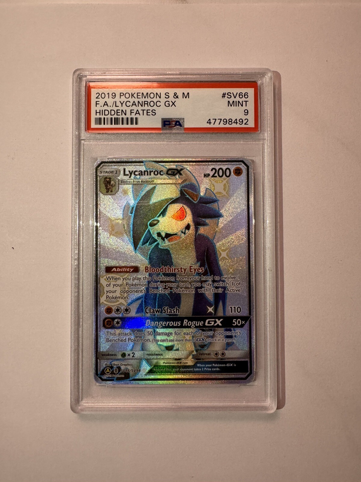 2019 Pokemon Sun & Moon Hidden Fates Lycanroc GX SV66 PSA 9 MINT