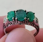 Vintage Sterling Silver Ring w 3 Large Natural Emeralds & Diamond Accents Size 7