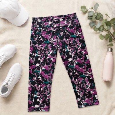 Old Navy Active Leggings Womens L Purple Floral Go-Dry High-Rise Crop Gym Yoga