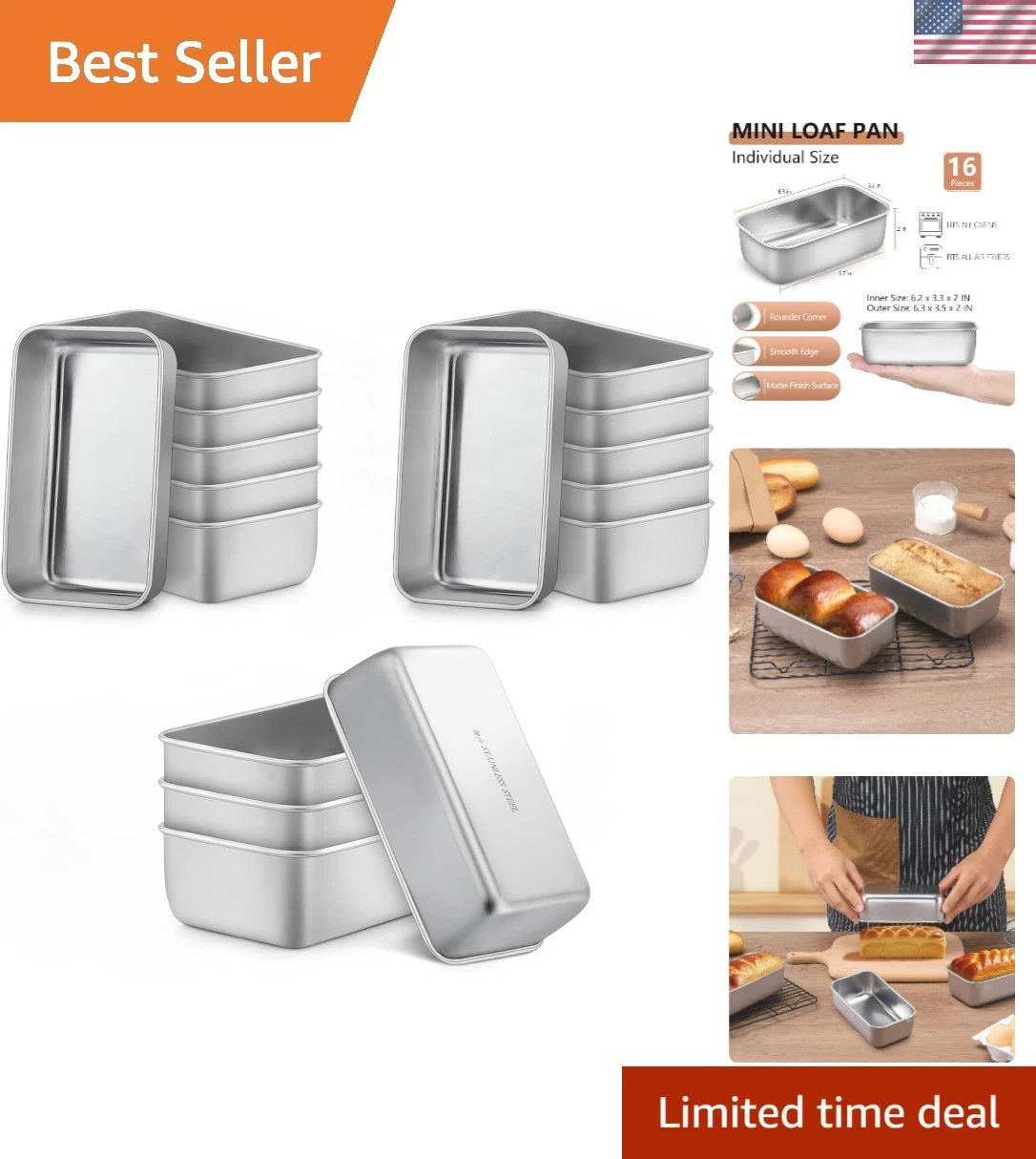 Versatile 16 Mini Loaf Pans, 6.3'' x 3.5'' Stainless Steel Baking Tins for Gifts