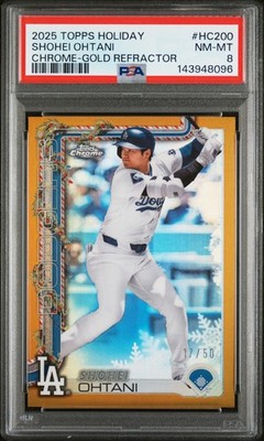 2025 TOPPS HOLIDAY CHROME-GOLD REFRACTOR #HC200 SHOHEI OHTANI 17/50 PSA 8