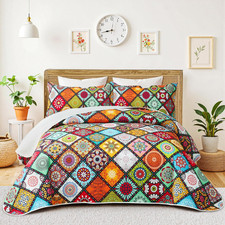 3 Piece Boho Colorful Quilt Set Full/Queen Size Bohemian Reversible Bedding Set
