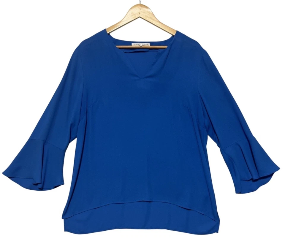 Violet + Claire Blue V-Neck Bell Sleeve Hi-Lo Split Hem Top Blouse Size L Casual - Image 2 of 4