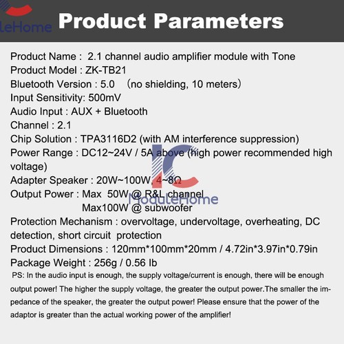 ZK-1002T Bluetooth 5.0 Stereo Amplifier Board Treble Bass 2-Channel 100W+100W - Picture 11 of 53