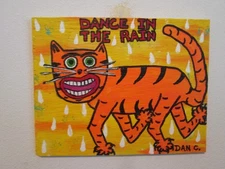 Outsider Folk Art original Painting Cat Dance in the Rain Cat Kitty Kitten Dan C