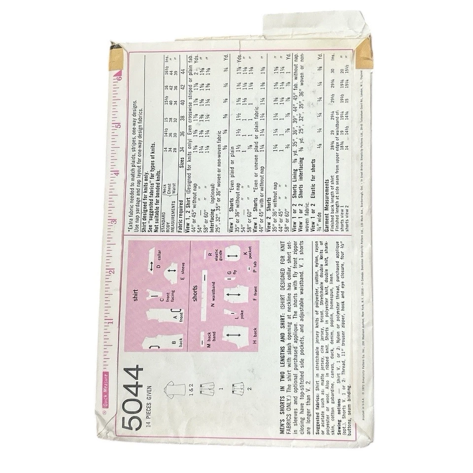 Men’s Vintage Pattern Simplicity 5044 1972 Knit Top SZ 36” Knit Shorts W 30” - Image 2 of 3