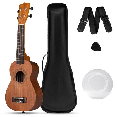 21'' Soprano Mahogany Wooden Ukelele Set with Gig Bag, Pick, Adjustable Strap