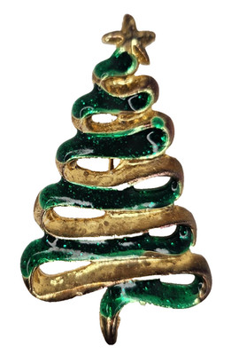 Christmas Tree Brooch Green and Gold Sparkly Enamel 2.25 In VTG Faded Mark