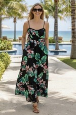 Women's Black Tropical Floral Spaghetti Straps Vacation Resortwear Maxi Dress L