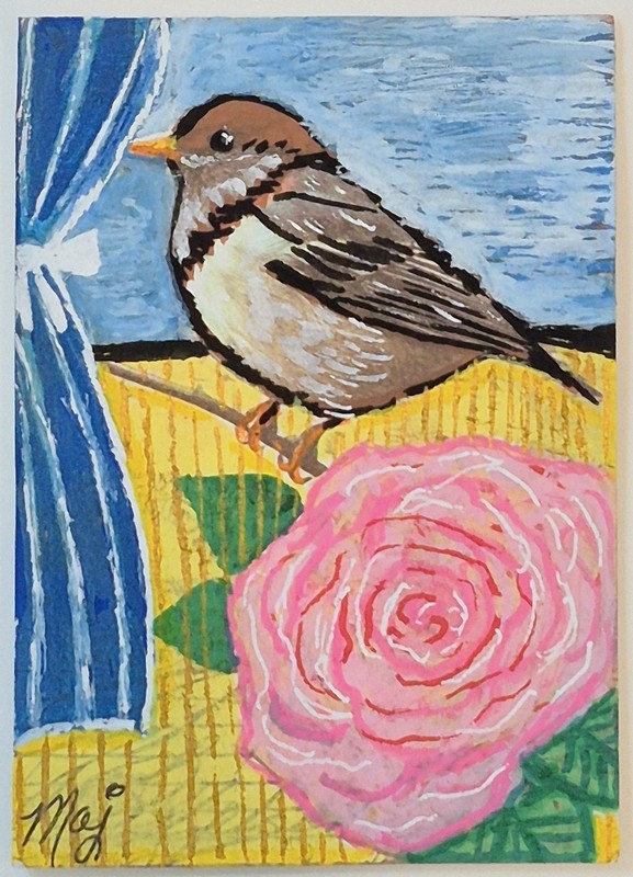 CURTAIN CALL sweet bird Original Aceo GOUACHE Painting By MAUREEN ANNE JENSEN ♡