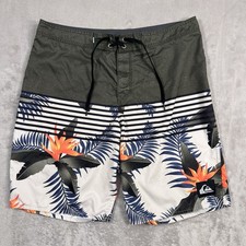Quiksilver Board Shorts Mens 34 Waist Green Gray Floral Surf Swim Trunks Beach